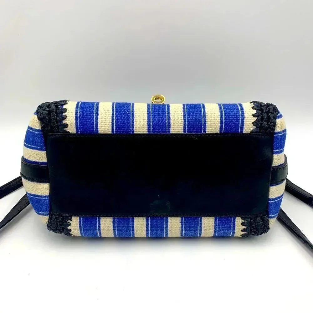 Auth Dolce & Gabbana Blue White Striped Canvas Raffia Handbag Lock Key Preloved